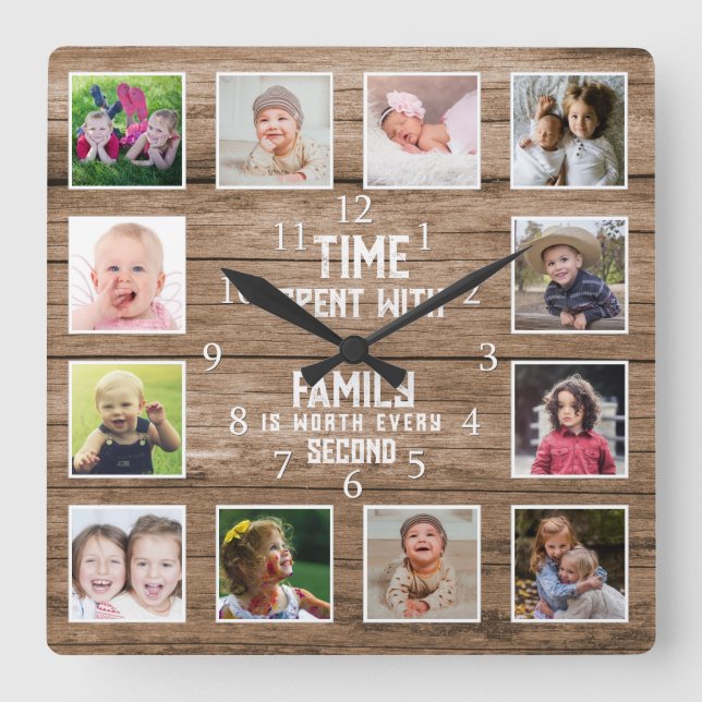 12 Fotokollage Family Quote Reclated Wood Fyrkantig Klocka (Framsida)