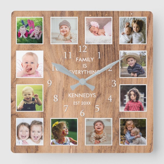 12 Fotokollage Family Quote Weasted Wood Fyrkantig Klocka (Framsida)