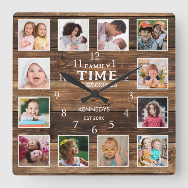 12 Fotokollage Family Time Quote Farmhouse Wood Fyrkantig Klocka (Framsida)