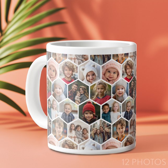 12 Fotokollage - funky hexagon mönster Jumbo Mugg (12 photo personalized coffee mug)