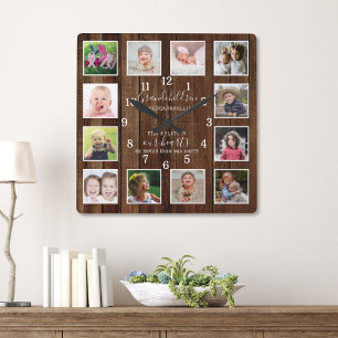 12 Fotokollage Grandchildren Quote Pallet Wood Fyrkantig Klocka