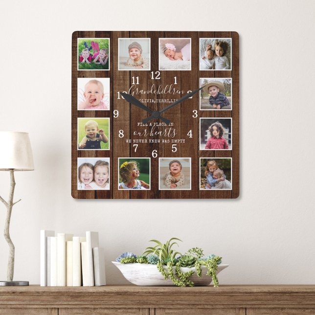 12 Fotokollage Grandchildren Quote Pallet Wood Fyrkantig Klocka (Skapare uppladdad)