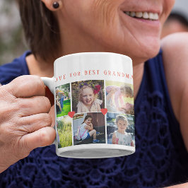 12 fotokollage KÄRLEK för BEST GRANDMA Red script Kaffemugg