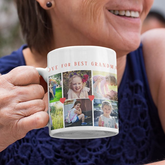 12 fotokollage KÄRLEK för BEST GRANDMA Red script Kaffemugg (Skapare uppladdad)