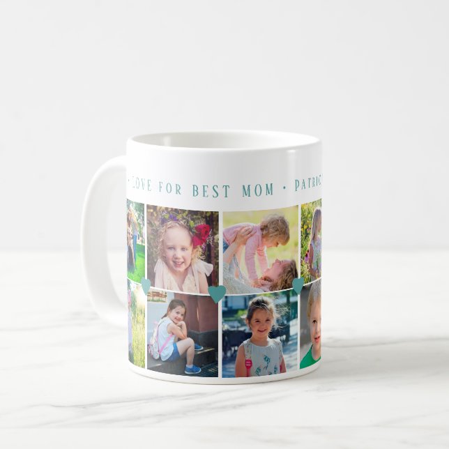 12 fotokollage KÄRLEK för BEST MAMMA grönt-hjärtan Kaffemugg (Framsida vänster)