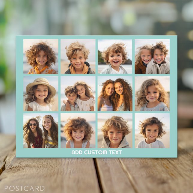 12 Fotokollage med Aqua-bakgrund Vykort (Custom Personalized Photo Collage Postcard)