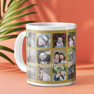 12 Fotokollage med Guld-bakgrund Jumbo Mugg
