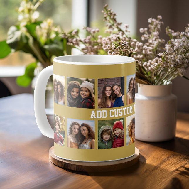 12 Fotokollage med Guld-bakgrund Kaffemugg (Photo mug with personalized text - makes a great gift!)
