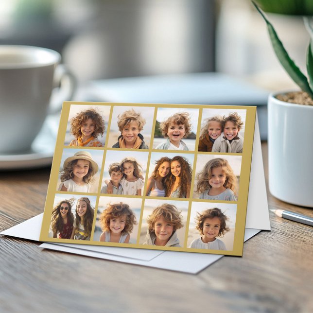 12 Fotokollage med Guld-bakgrund Kort (Custom Photo Note Card)