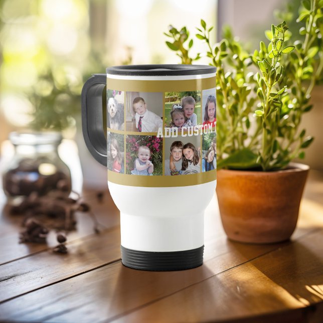 12 Fotokollage med Guld-bakgrund Resemugg (Personalized travel mug - add photos and text or customize completely)