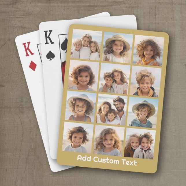 12 Fotokollage med Guld-bakgrund Spelkort (Personalized playing cards with a fun photo collage)