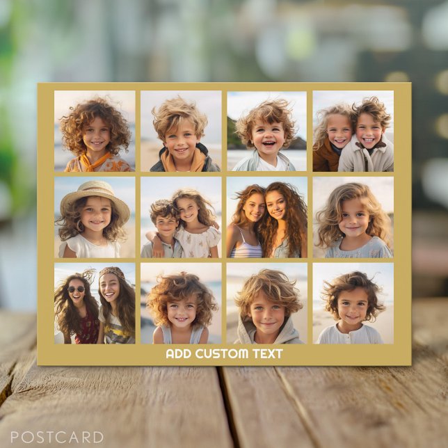 12 Fotokollage med Guld-bakgrund Vykort (Custom Personalized Photo Collage Postcard)