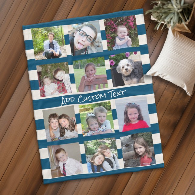 12 Fotokollage med Preppy Blue Ivory Rand Fleecefilt (Personalized fleece blanket with 12 photos and custom text - Makes a great Gift)