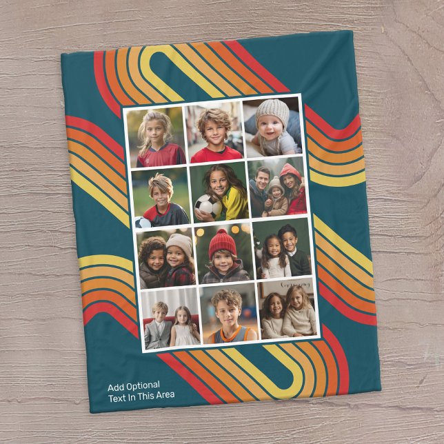 12 Fotokollage med Retro 70s Inspired Rand Fleecefilt (12 photo personalized fleece blanket with a message and retro stripes)
