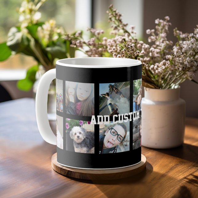 12 Fotokollage med svart bakgrund Kaffemugg (Mug template with 12 photos and a Text Block)