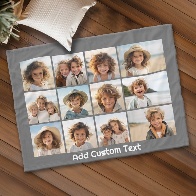 12 Fotokollage med träkol-Grått-bakgrund Fleecefilt (Personalized fleece blanket with 12 photos and custom text)