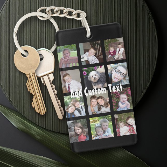 12 Fotokollage - Modern Minimalistisk Svart Bakgru Nyckelring (Personalized Keychain with a photo collage)