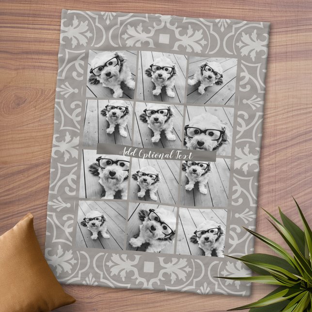 12 Fotokollage - Rustic Farmhouse Beige Mönster Fleecefilt (Personalized Fleece Blanket - Add Photos and Text or Customize completely in advanced design area)