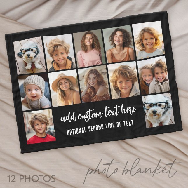 12 Fotokollage rutnät - 2 Textrutor - svart vitt Fleecefilt (Photo Blanket - Personalize with Your Photos)
