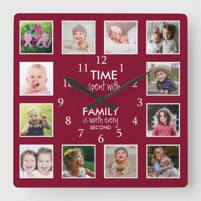12 Fotokollage-tid med familjefaktura Burgundy Fyrkantig Klocka (Framsida)