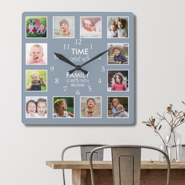 12 Fotokollage-tid med familjefaktureringsblått Fyrkantig Klocka (Skapare uppladdad)