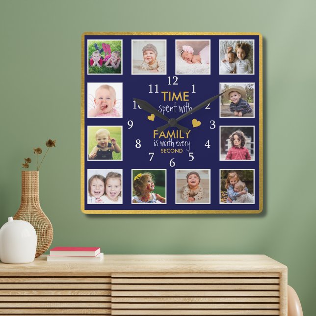 12 Fotokollage-tid med familjeoffertblått Guld Fyrkantig Klocka (Skapare uppladdad)