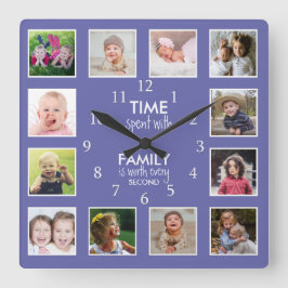 12 Fotokollage-tid med familjeoffertperiwinkle Fyrkantig Klocka