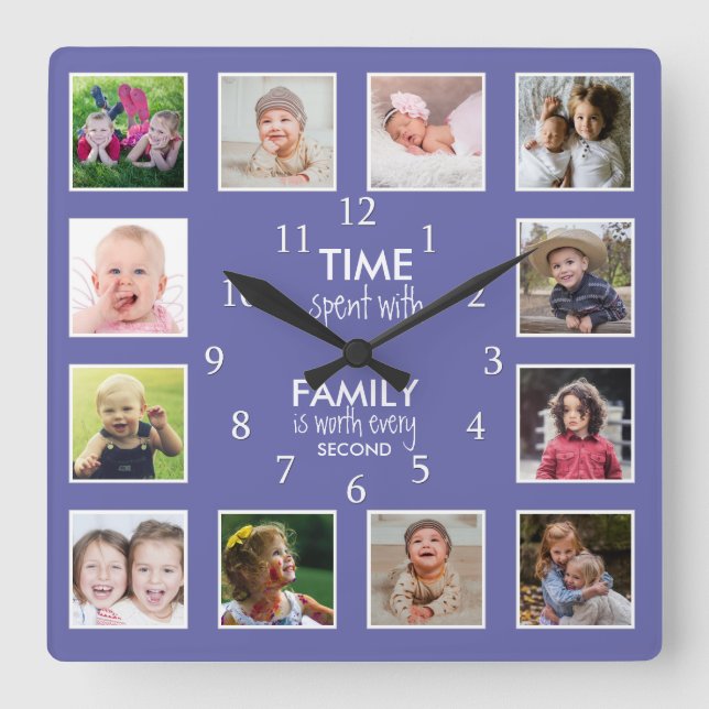 12 Fotokollage-tid med familjeoffertperiwinkle Fyrkantig Klocka (Framsida)