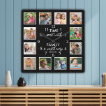 12 Fotokollage-tid med svart familjefaktura Fyrkantig Klocka<br><div class="desc">Anpassningsbarnas fotoklocka med det inspirerande familjecitatet: "Den tid som tillbringas med familjen är värd varje sekund". Anpassa med 12 av dina favoritfoton i familjen.</div>