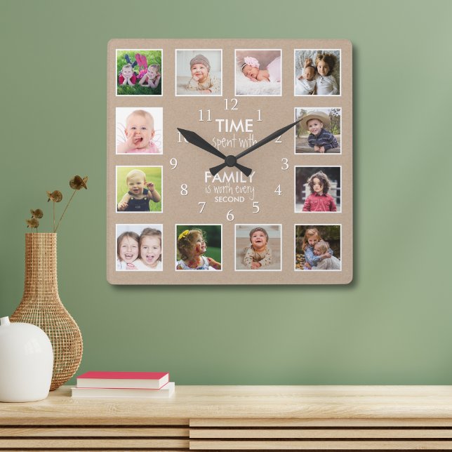 12 Fotokollage-tid som spenderats med familjekurs Fyrkantig Klocka (12 Photo Collage Time Spent With Family Quote Square Wall Clock
)