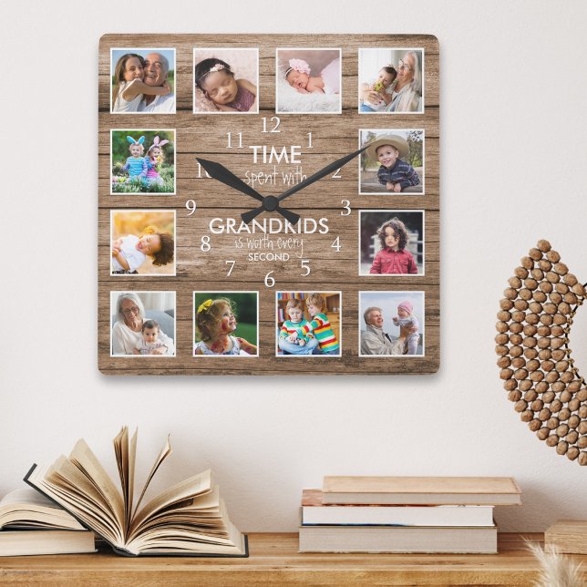 12 Fotokollage-tid spenderad med Barnbarn-offert Fyrkantig Klocka (12 Photo Collage Time Spent With Grandkids Quote Square Wall Clock
)
