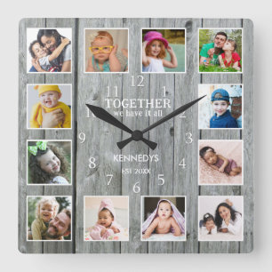 12 Fotokollage Together Family Quote Grått Wood Fyrkantig Klocka