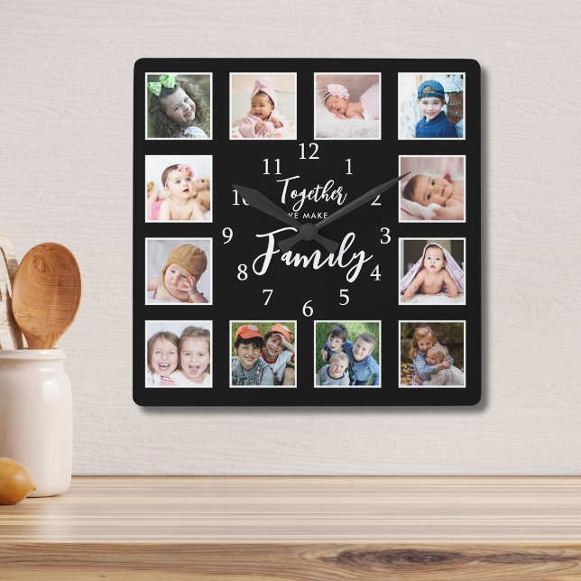 12 Fotomall gör en svart familjefotering tillsamma Fyrkantig Klocka (Skapare uppladdad)