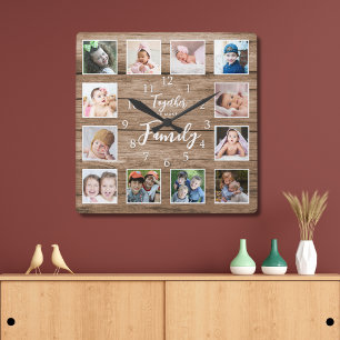 12 Fotomall gör tillsammans familjekoffertträ Fyrkantig Klocka