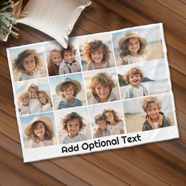 12 Fotorutnätskoppling - Vit - Svart Mod Fleecefilt (Personalized fleece blanket with 12 photos and custom text)
