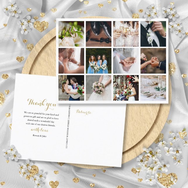 12 Fotos Kollage Bröllop Tack Meddelande Vykort (12 Photo Collage Wedding Thank You Announcement Postcard)