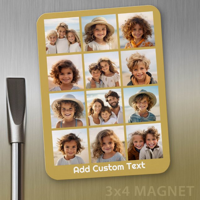 12 Fotoskollage med guldbakgrund Magnet (Personalized refrigerator magnet with photo collage and custom text - add 12 photos to this design)