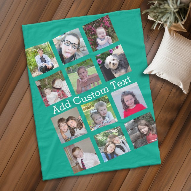 12 Fyrkantiga Roligtar med Gröntens bakgrund Fleecefilt (Personalized fleece blanket with 12 photos and custom text - Makes a great Gift)