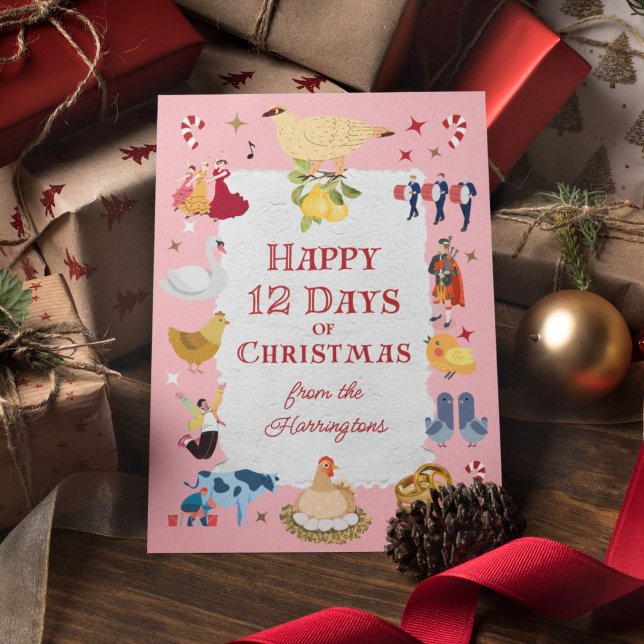 12 juldagar Retro Mid-Century Traditionell Helgkort (On this whimsical card, "12 Days of Christmas" images appear against a pastel pink background.)