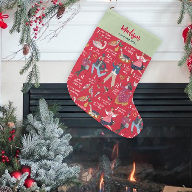 12 juldagar Röda Gröna Traditionella Klassiker Stor Julstrumpa (Traditional 12 days of Christmas Stocking)
