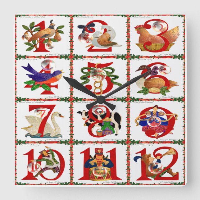 12 juldagars Quilt Printpresenter Fyrkantig Klocka (Framsida)