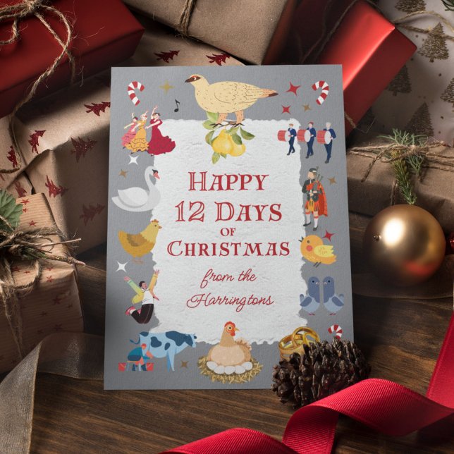 12 juldagars söta traditionella försenade helgkort (On this whimsical card, "12 Days of Christmas" images pop against a soft gray background.)