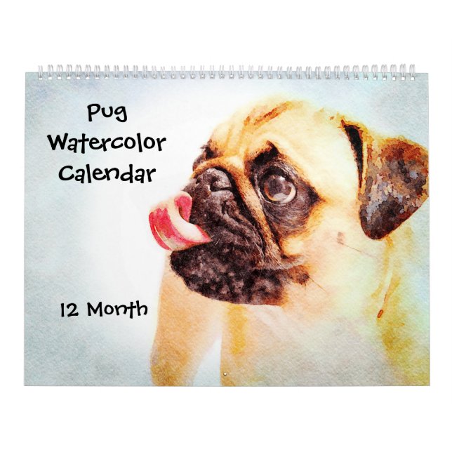 12 månaders Cute Pug Hundar Pets Watercolor Art Gi Kalender (Omslag)