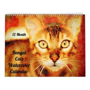12 månaders Gorgous Bengal Cats Watercolor Paintin Kalender