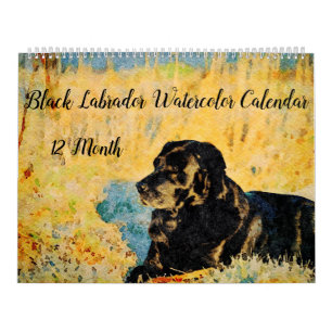 12 månaders Svart lab Hundar Pets Watercolor Art Kalender