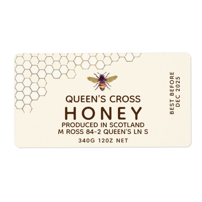 12 oz Honung Hex Burk-etikett med honungskomb och  Fraktsedel (Framsidan)
