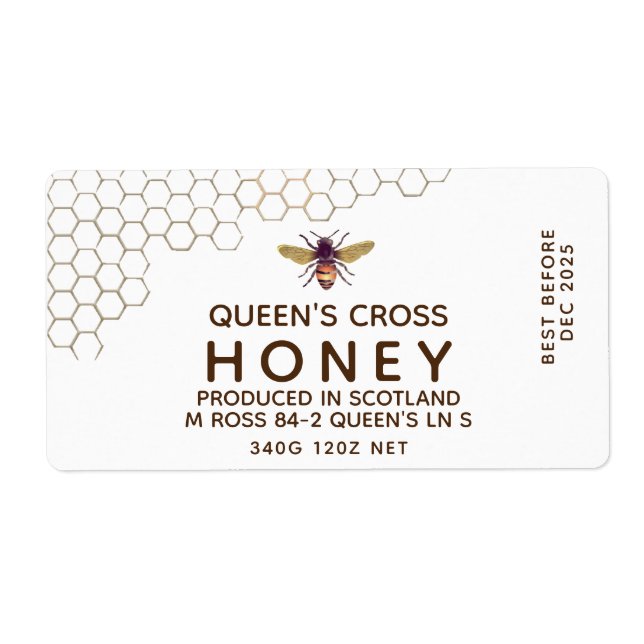 12 oz Honung Hex Burk-etikett med honungskomb och  Fraktsedel (Framsidan)