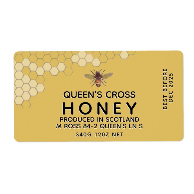 12 oz Honung Hex Burk-etikett med honungskomb och  Fraktsedel (Framsidan)