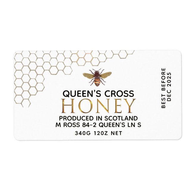 12 oz Honung Hex Burk-etikett med honungskomb och  Fraktsedel (Framsidan)