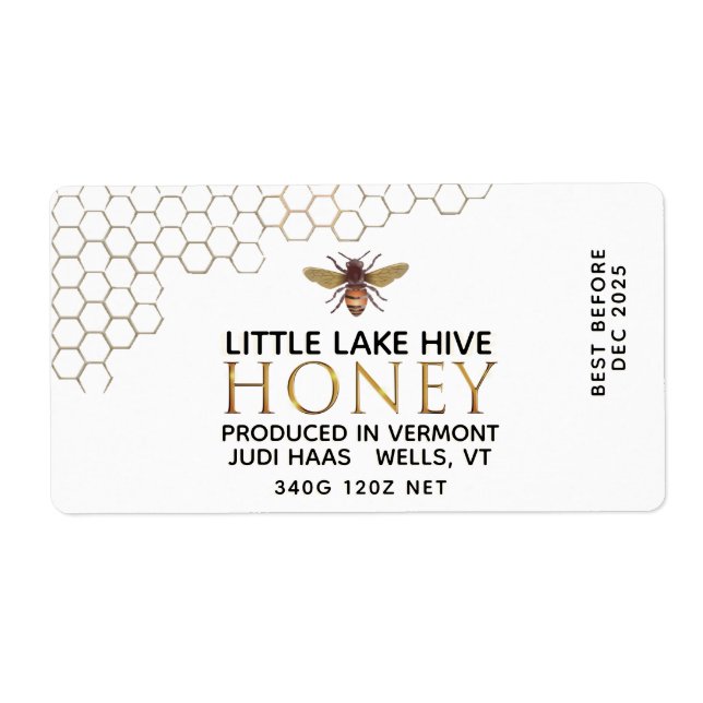 12 oz Honung Hex Burk-etikett med honungskomb och  Fraktsedel (Framsidan)